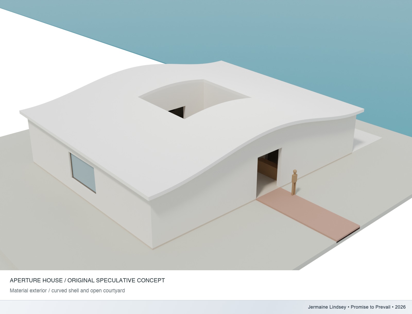Actual Blender render of the speculative Aperture House curved courtyard studio