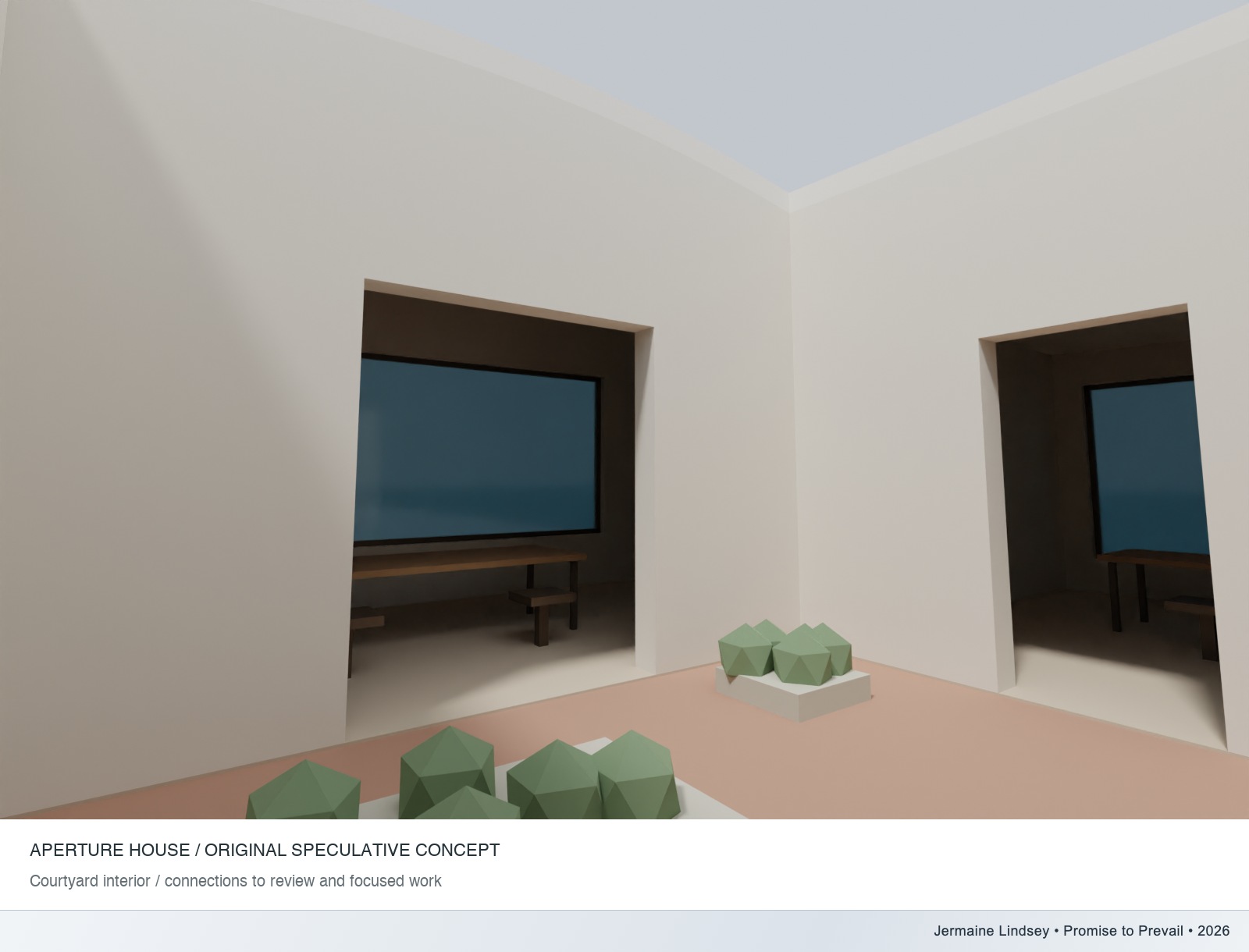 Actual Aperture House courtyard render showing connections between rooms