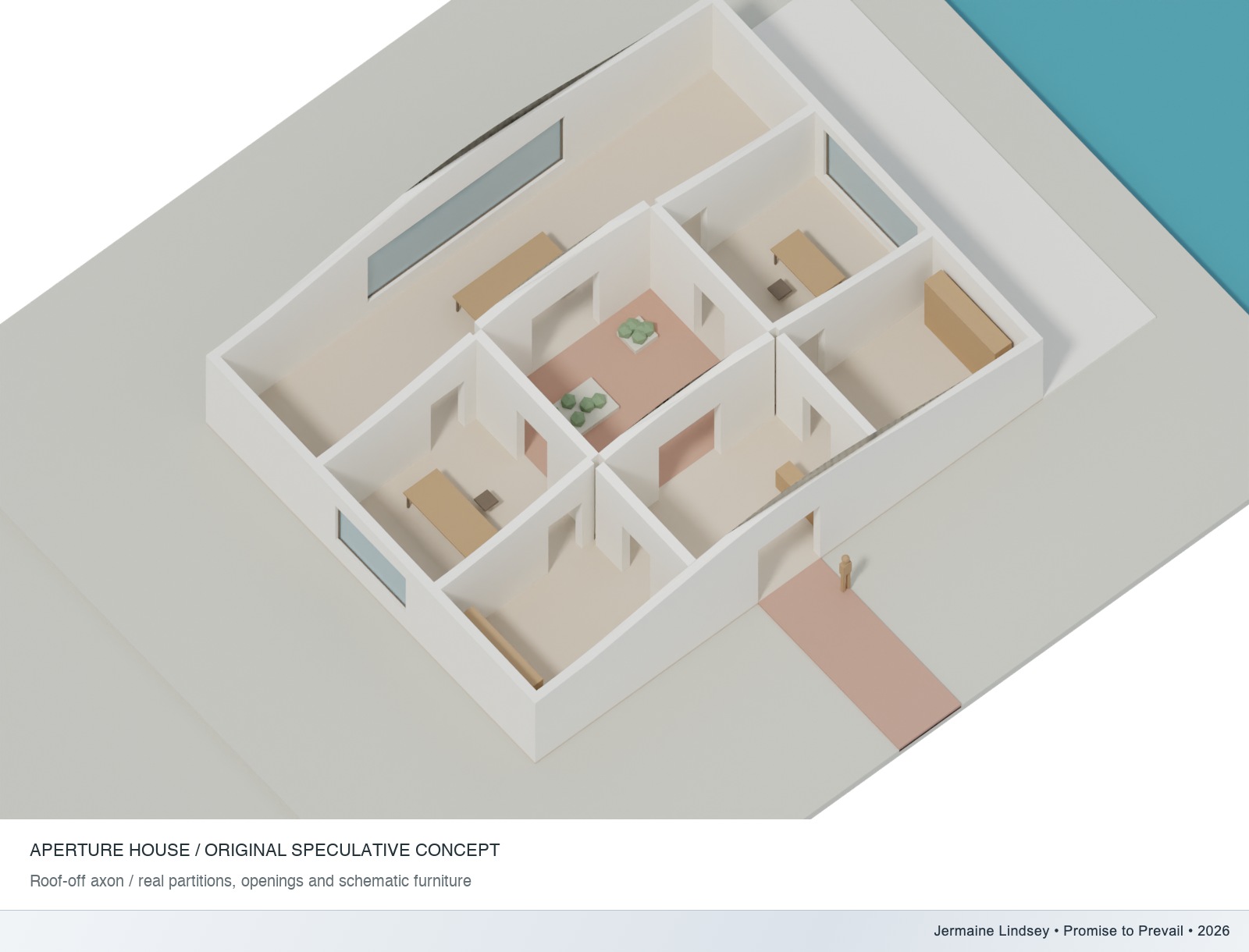 Actual roof-off axonometric of Aperture House with modeled partitions and openings