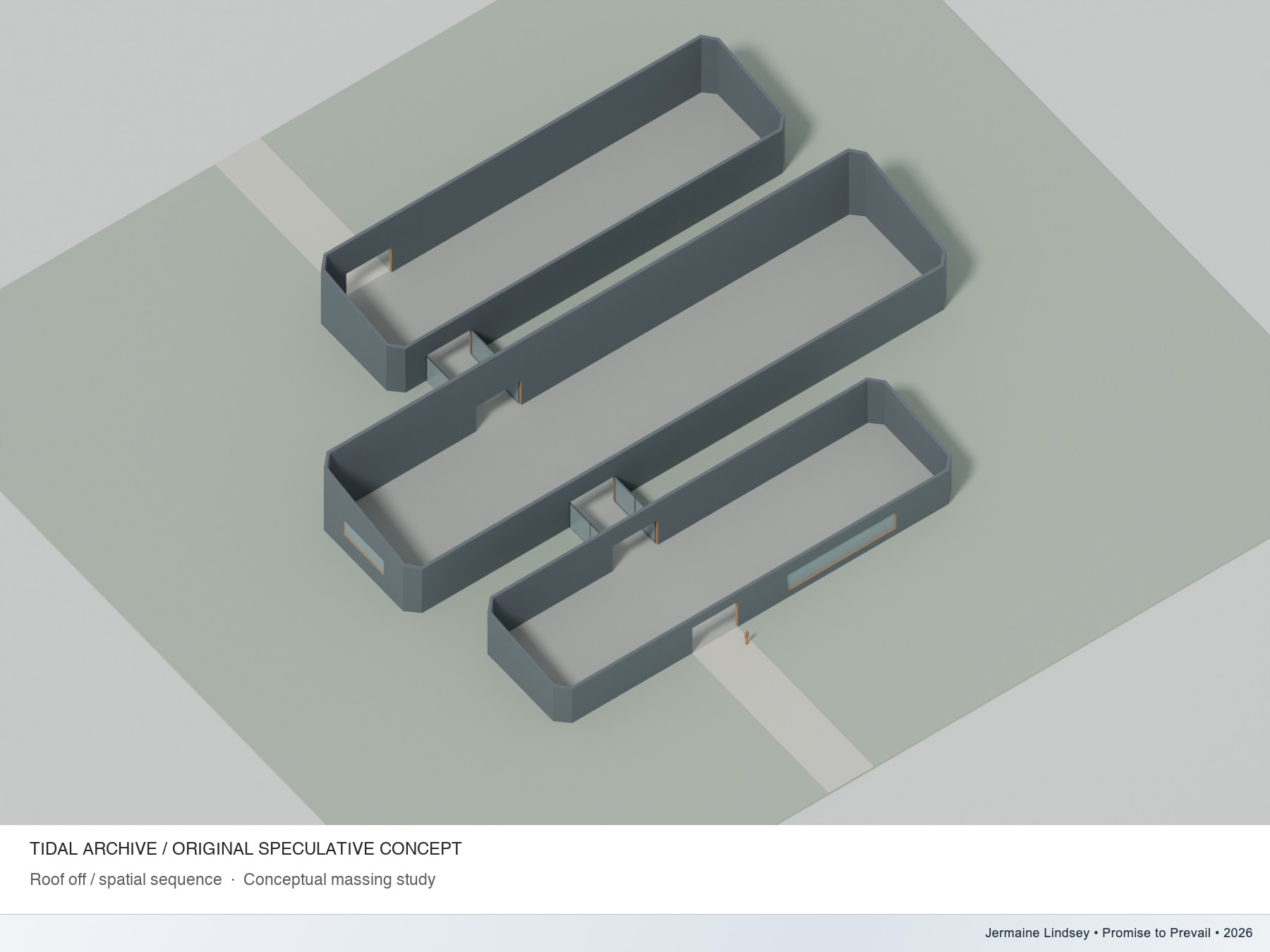 Actual roof-off Tidal Archive geometry exposing the ground-level route