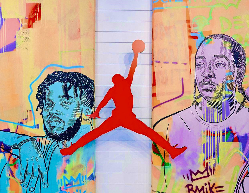 Portraits and basketball imagery in the mural composition.