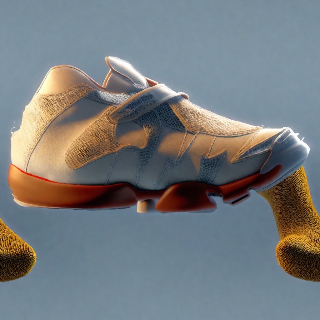 Three-quarter concept view of a pale shoe with open-texture overlays and a rust-colored sole.