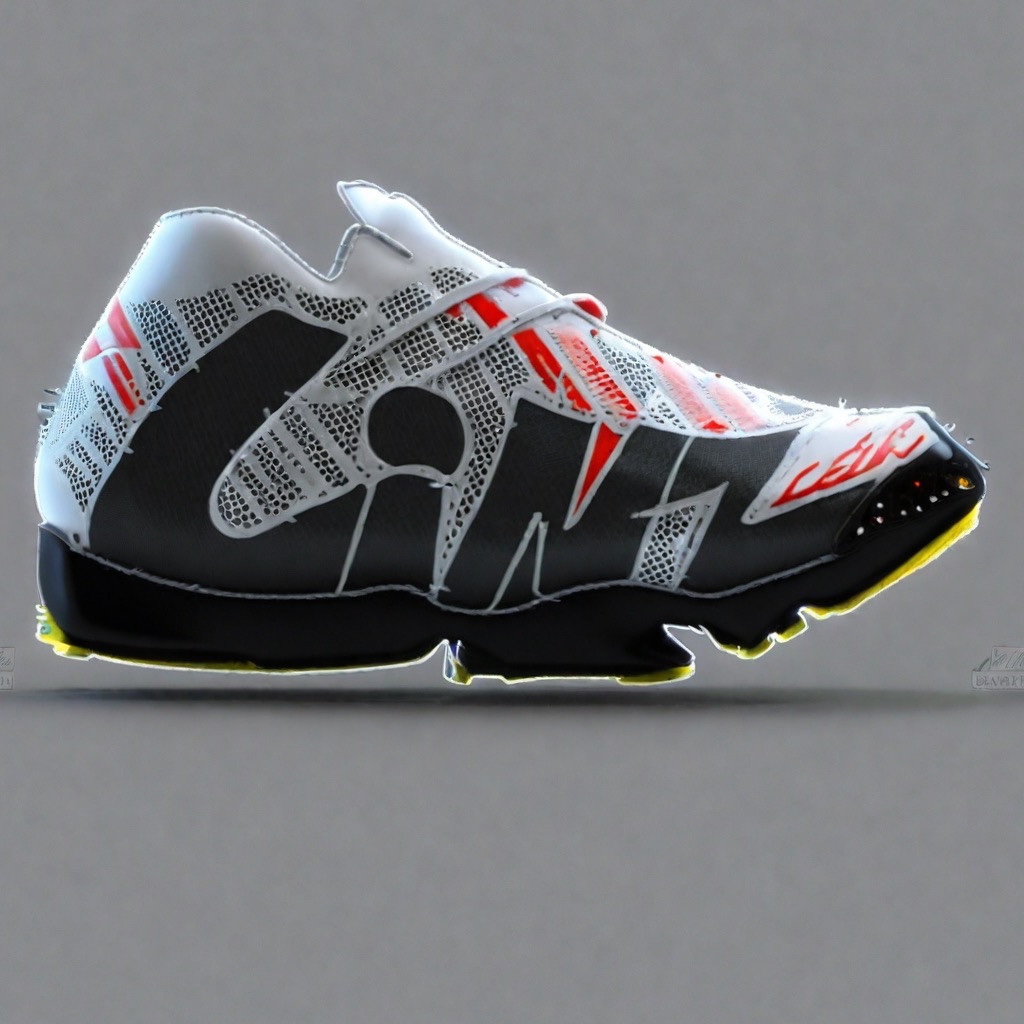 White open-texture upper over black panels, with red marks and a yellow-edged sole.