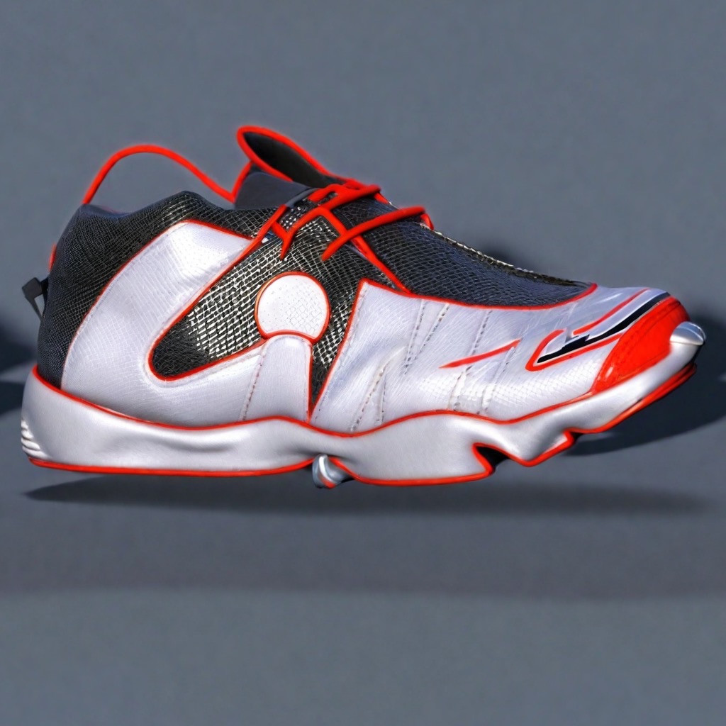 White and black footwear concept with saturated red trim around the upper and sole.