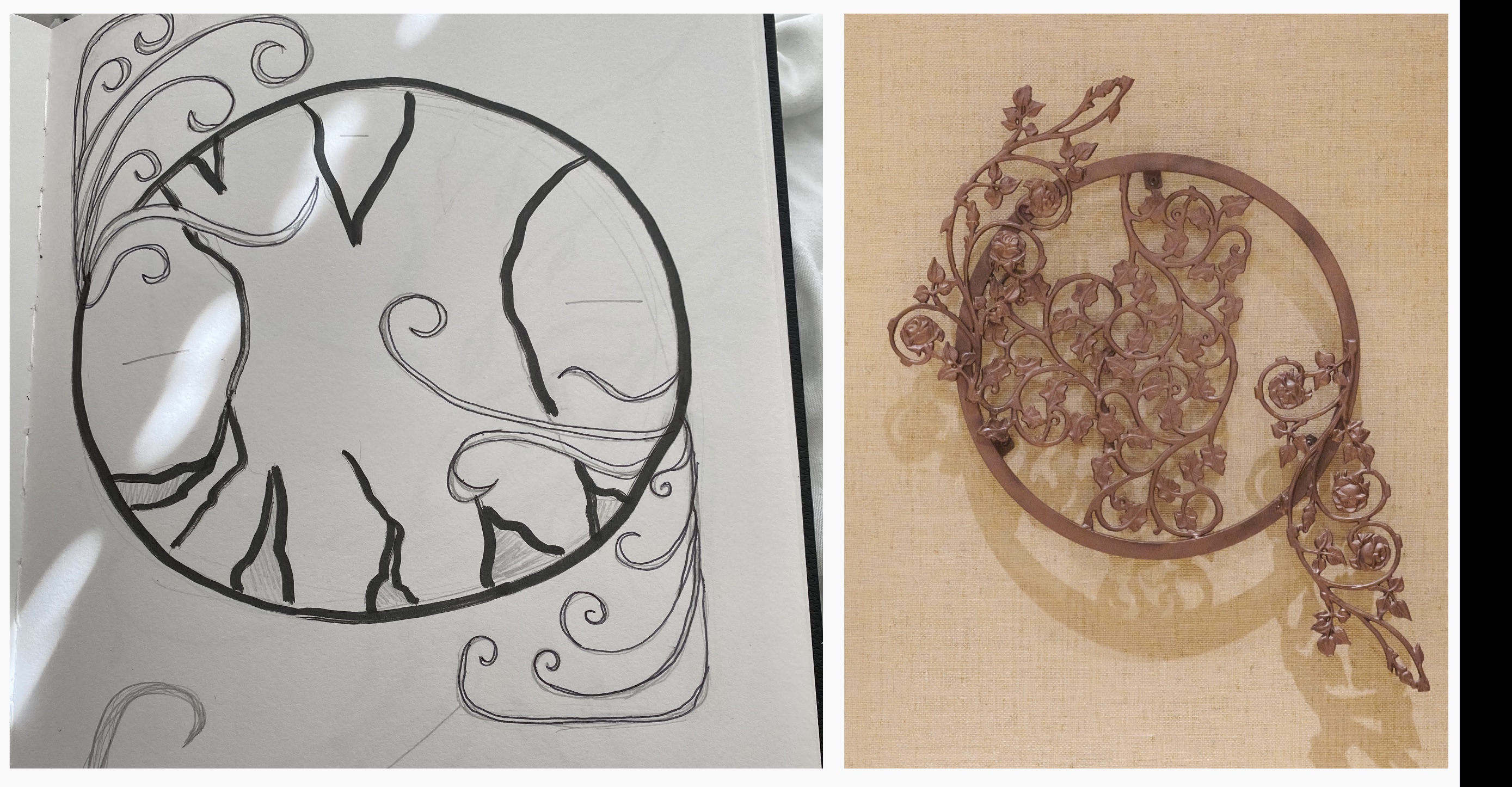 Circular sketch beside a finished ornamental iron sculpture