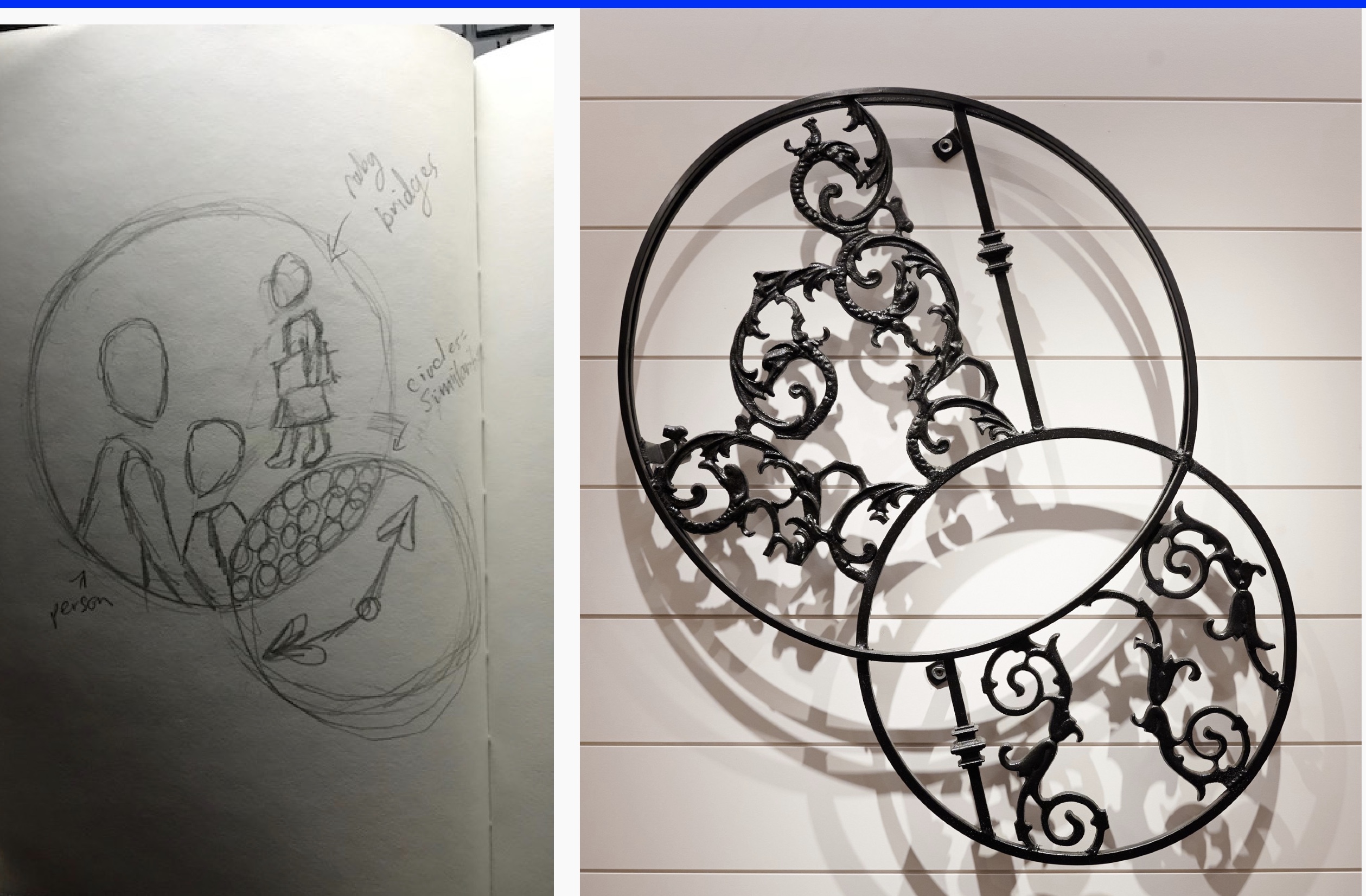 Overlapping-circle sketch beside installed black ironwork