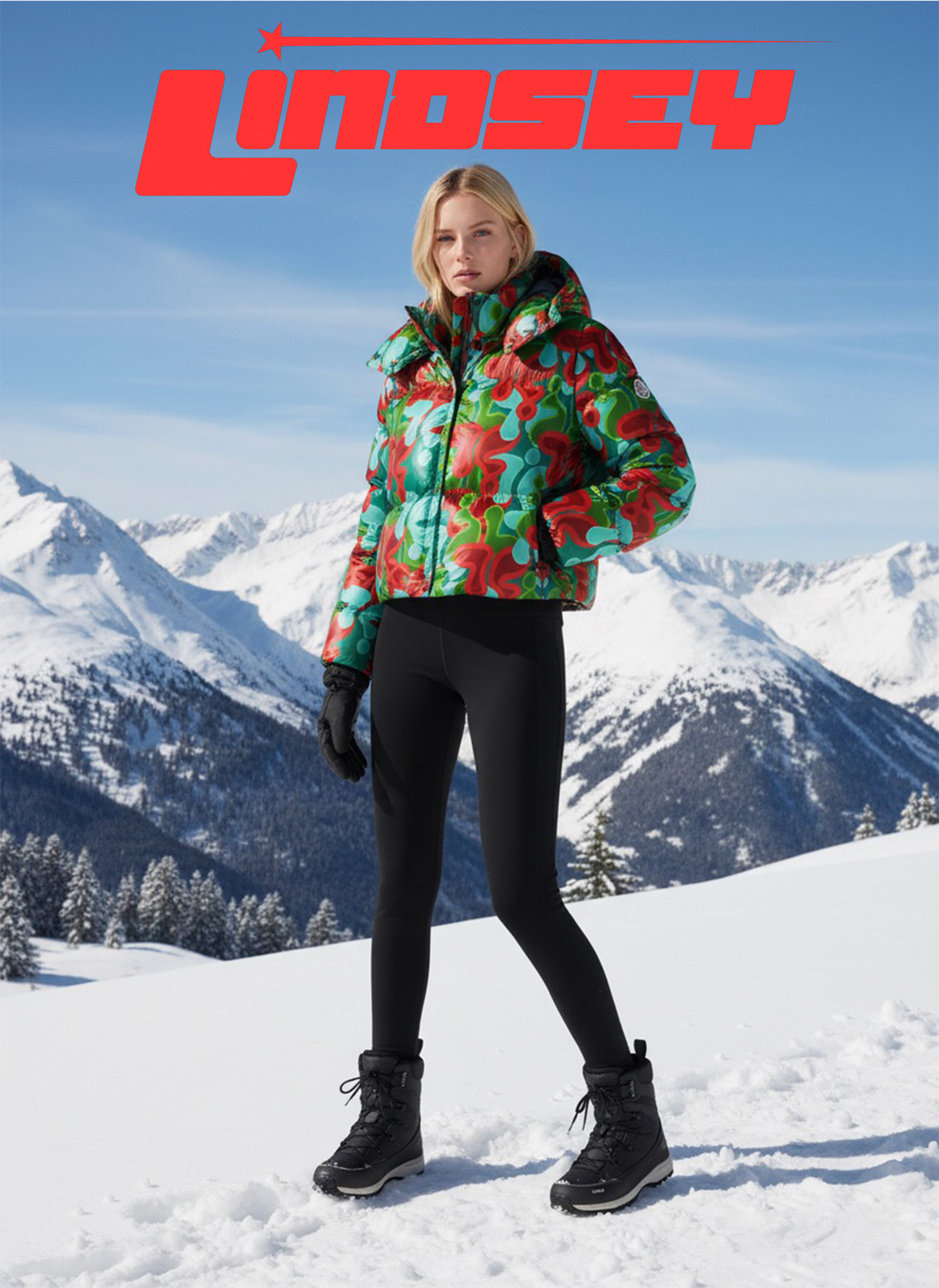 Lindsey outerwear campaign concept shown in a snowy mountain setting