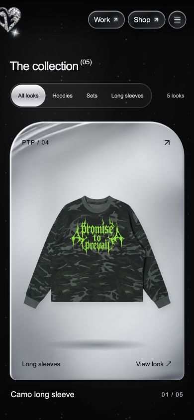 Mobile collection interface with the camo long sleeve presented as a full-width product card