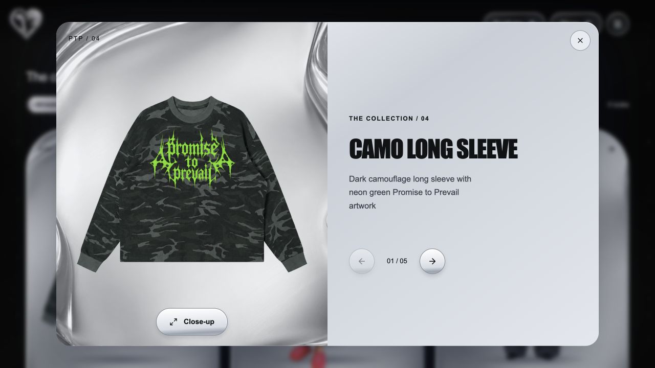 Camo long sleeve detail dialog with large garment image, description, close-up control and next-look navigation